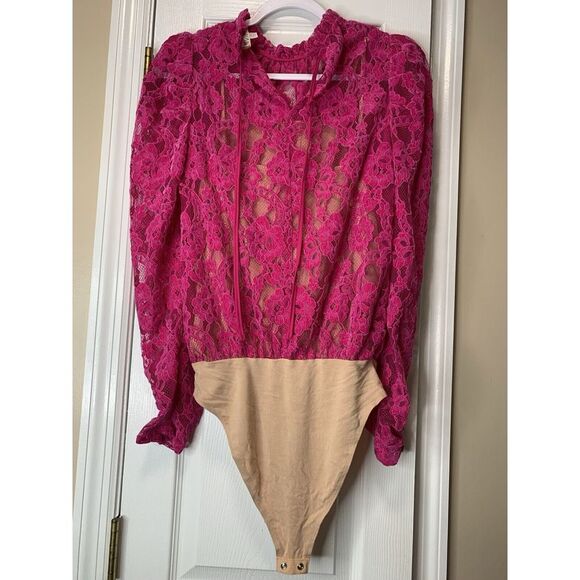 Wayf Pink Velvet Long Sleeve See Through‎ Top With Built In Bodysuit Sz S Womens - Picture 2 of 5